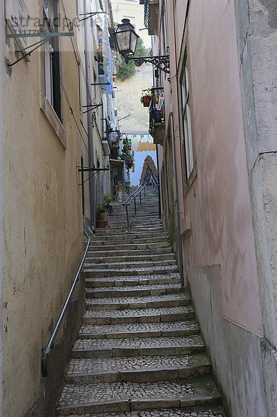 Typische enge Gasse mit Treppe mit traditionellen Straßenlampen in der Altstadt  Alfama  Lissabon  Portugal  Europa