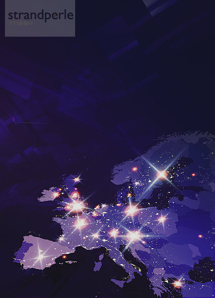 Lichter scheinen auf eine futuristische Europakarte