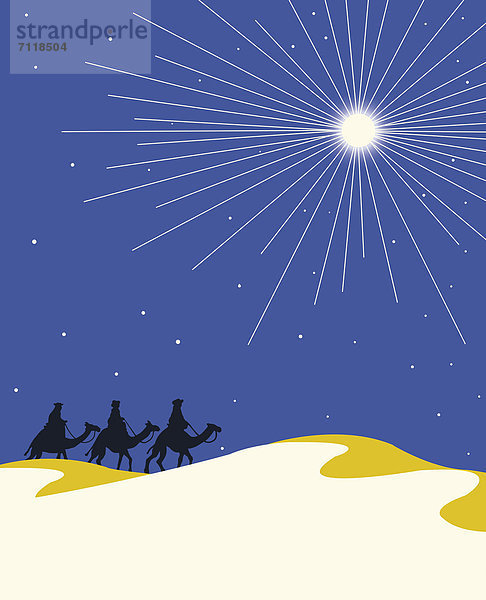Weihnachtsstern scheint auf die heiligen drei Könige auf Kamelen