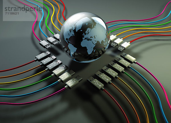 Globus in der Mitte von bunten USB-Kabeln