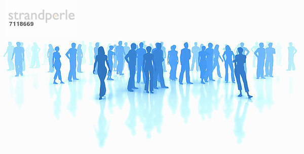 Silhouette einer blauen Menschenmenge vor weißem Hintergrund stehend