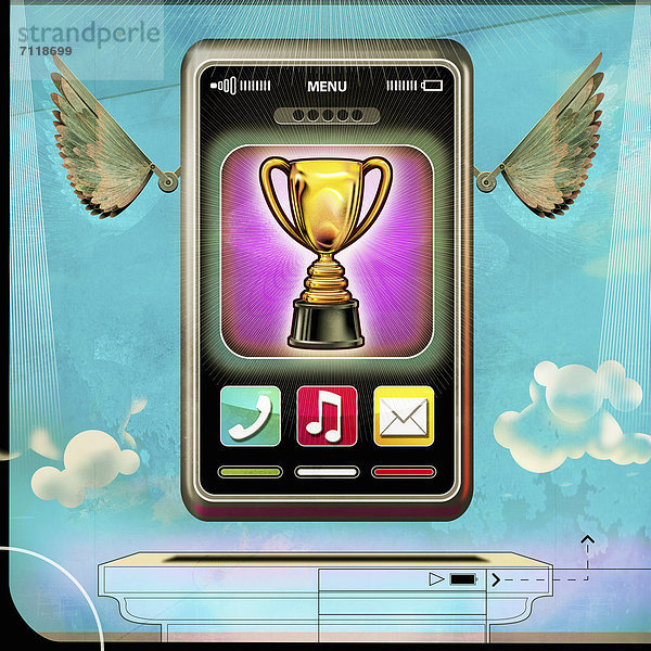 Pokal auf dem Bildschirm eines Smartphones mit Flügeln