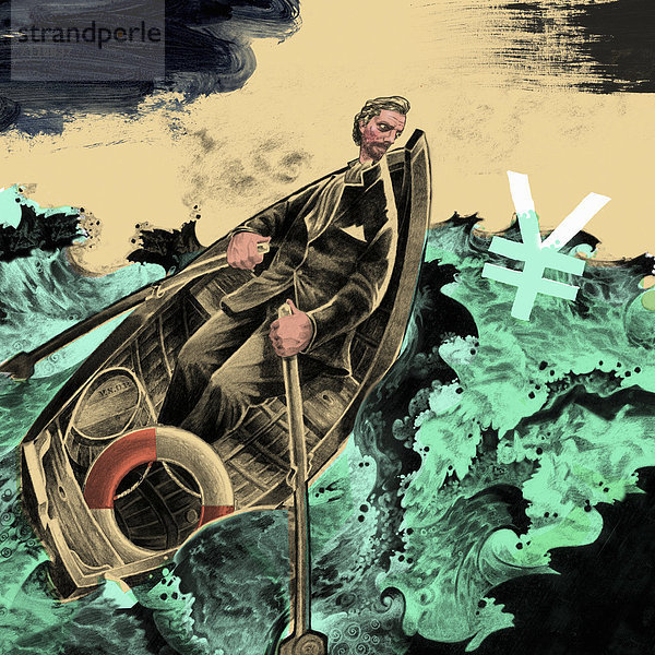 Mann rudert Boot durch stürmische See um Yenzeichen zu retten