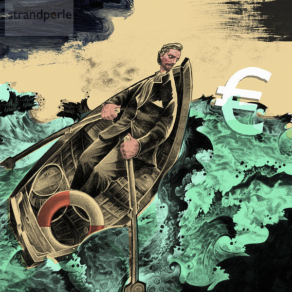 Mann rudert Boot durch stürmische See um Eurozeichen zu retten