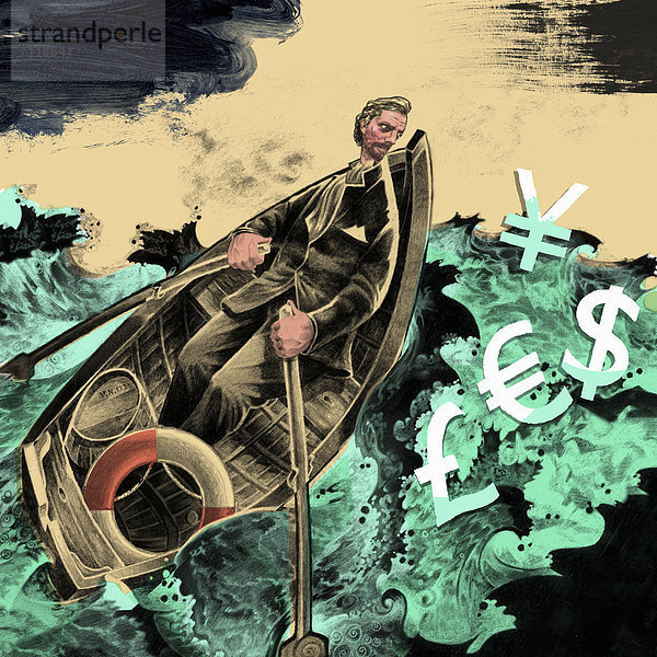 Mann rudert Boot durch stürmische See um Währungszeichen zu retten