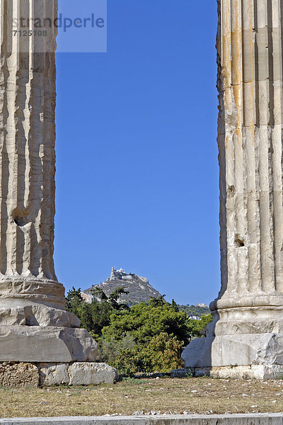 Athen  Hauptstadt  Detail  Details  Ausschnitt  Ausschnitte  Landschaftlich schön  landschaftlich reizvoll  Sehenswürdigkeit  Baustelle  Europa  Berg  Stein  Baum  Gebäude  Architektur  Geschichte  Pflanze  Ruine  Museum  Säule  Tempel  Attika  Baugrube  Griechenland  Tourismus  Zeus