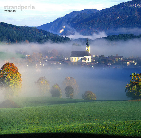 Landschaftlich schön landschaftlich reizvoll Europa Himmel Wald Natur Nebel Kirche Holz Herbst Wiese Österreich Stimmung Tirol Morgenstimmung