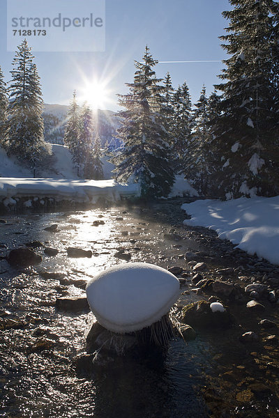 Landschaftlich schön  landschaftlich reizvoll  Winter  Schnee  Bach  Gegenlicht  Österreich  Salzburg  Sonne