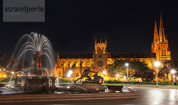 beleuchtet  Wasser  Nacht  Kirche  Kathedrale  Ziehbrunnen  Brunnen  Prüfung  Australien  New South Wales  Sydney