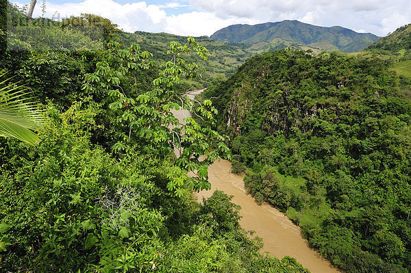 Tropisch  Tropen  subtropisch  Landschaft  grün  Überfluss  Fluss  Flut  Schlucht  Kolumbien  Südamerika