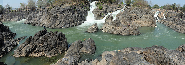 Felsbrocken  Steilküste  fließen  Fluss  angeln  Wildwasser  Schlucht  Asien  Laos