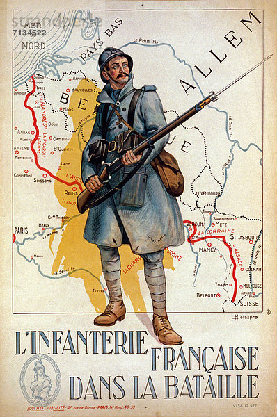 Frankreich  französisch  Werbung  Soldat  Landkarte  Karte  Poster  rot  Tinte  Gewehr