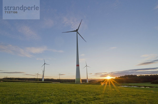Windturbine Windrad Windräder Europa Landschaft Landwirtschaft Deutschland Sachsen Sonnenuntergang
