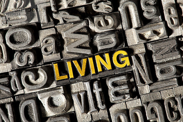 'Alte Bleilettern bilden das englische Wort ''LIVING'''