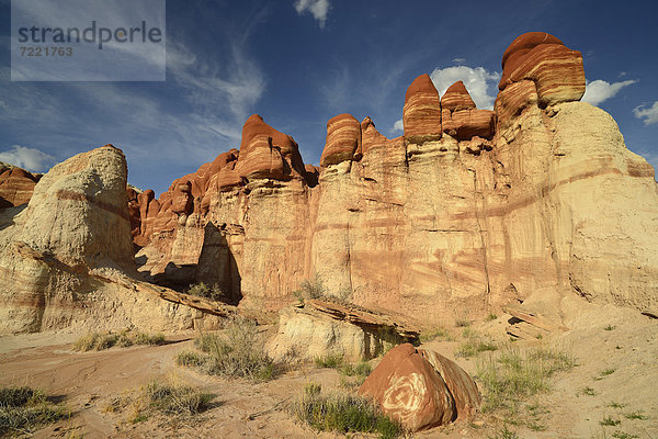 Durch Mineralien verfärbte  erodierte Hoodoos und Felsformation des Blue Mosquito Canyon  Coal Mine Mesa  Painted Desert  Hopi Reservation  Navajo Nation Reservation  Arizona  Südwesten  Vereinigte Staaten von Amerika  USA