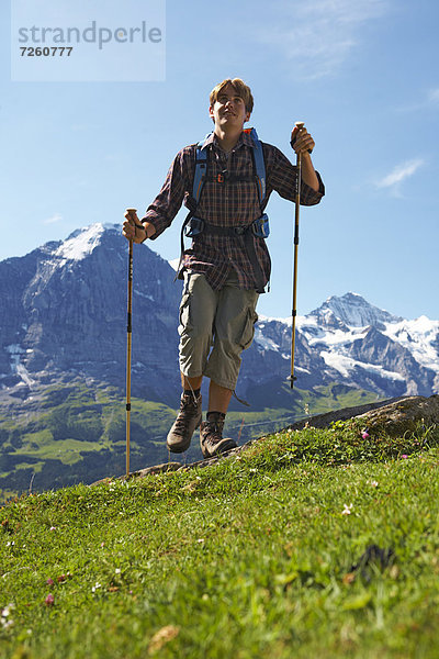 Hiker at Bussalp  Canton Bern  Switzerland  Europe