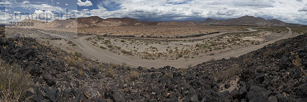 Panoramablick auf die Ruta 40 durch die trockene argentinische Pampa vor den Bergen Anden  Malargue  Region Mendoza  Argentinien  Südamerika  Lateinamerika  Amerika