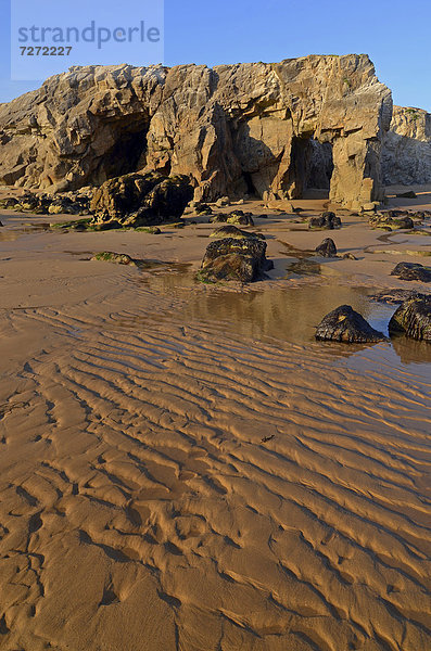 Klippen und Strand an der CÙte Sauvage auf der Westseite der Halbinsel Quiberon  südliche Bretagne  Bretagne  Frankreich  Europa