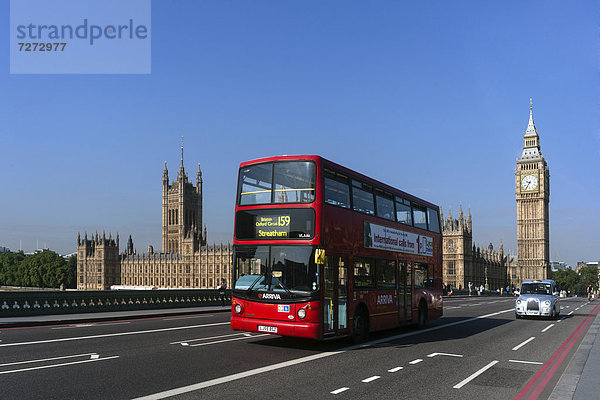 Doppeldeckerbus  Big Ben  Westminster Palace  Houses of Parliament  Westminster Bridge  London  England  Großbritannien  Europa