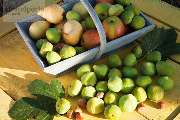 Korb mit frischen Äpfeln und Birnen