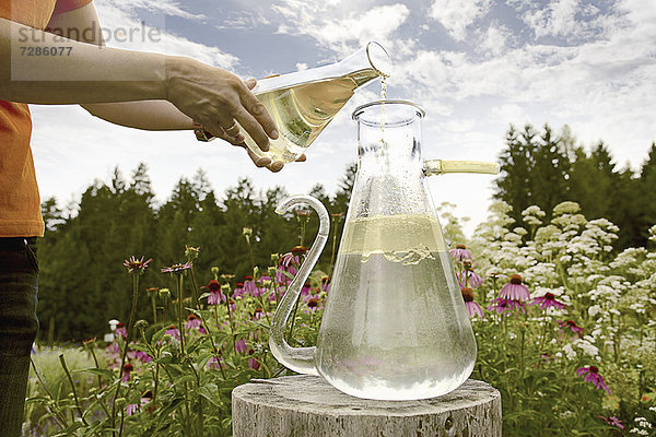 Arbeiter beim Gießen von Chemikalien im Feld