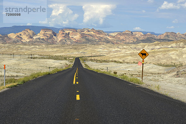 Schild Open Range  U.S. Highway 24  Blick auf Navajo Dome Plateau  Capitol Reef Nationalpark  Utah  Südwesten  Vereinigte Staaten von Amerika  USA