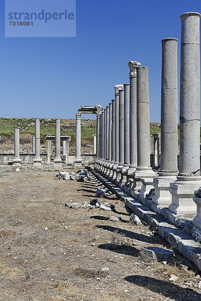 Überreste und Säulenallee der Agora  Marktplatz in der antiken Ausgrabungsstätte in Perge  Aksu  Türkische Riviera  Antalya  Türkei  Asien