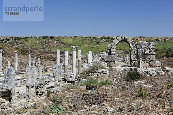 Überreste und Säulen an der Arkadenstraße  Hauptstraße in der antiken Ausgrabungsstätte in Perge  Aksu  Antalya  Türkische Riviera  Türkei  Asien