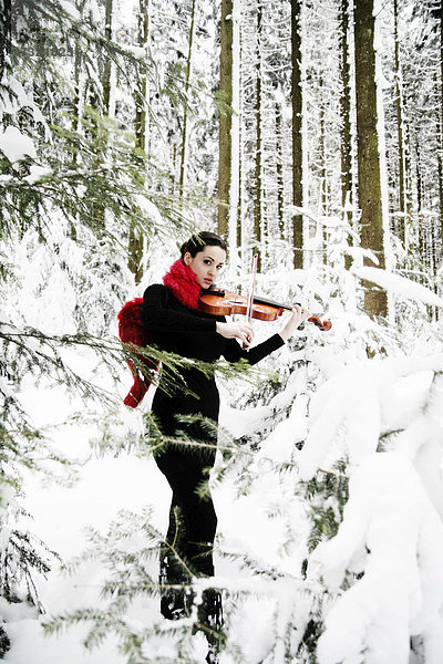 Frau Winter Landschaft Schnee Geige