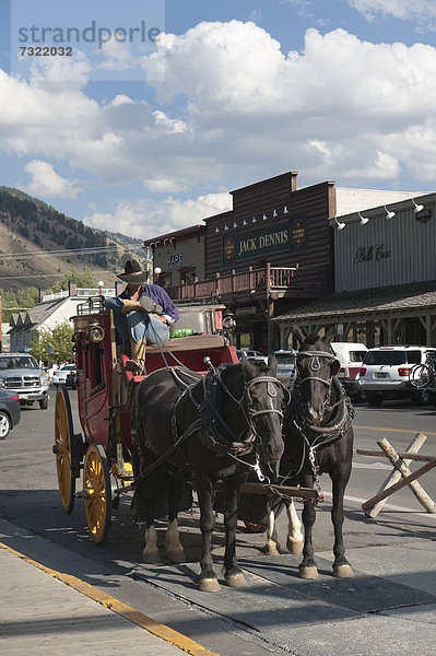 Kutscher  Cowboy  historische Postkutsche  zwei Pferde  Jackson Hole  Wyoming  Westen der USA  Vereinigte Staten von Amerika  Nordamerika