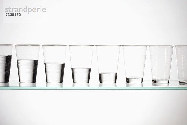 Eine Reihe von Gläsern mit unterschiedlichen Wassermengen  die von voll bis leer absinken.