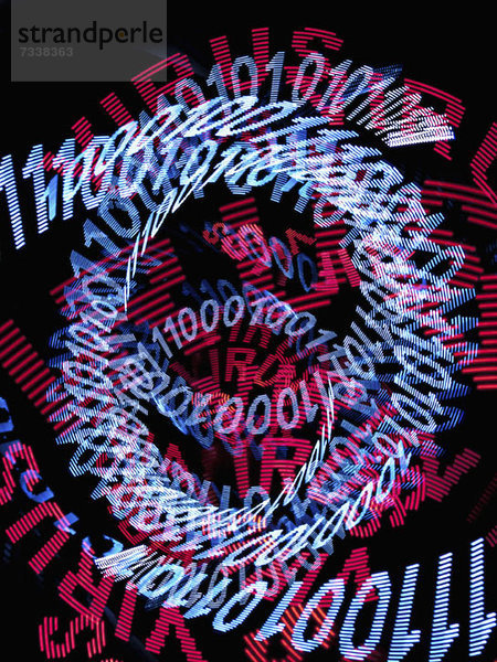 Spiralen aus blauem Binärcode und das Wort VIRUS mehrfach in rot wiederholt