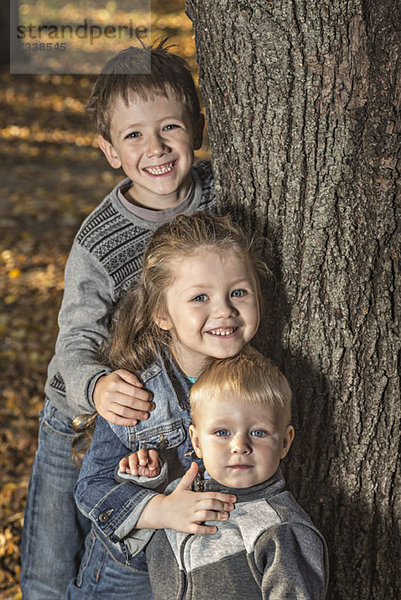 Drei fröhliche Geschwister posieren neben einem Baumstamm
