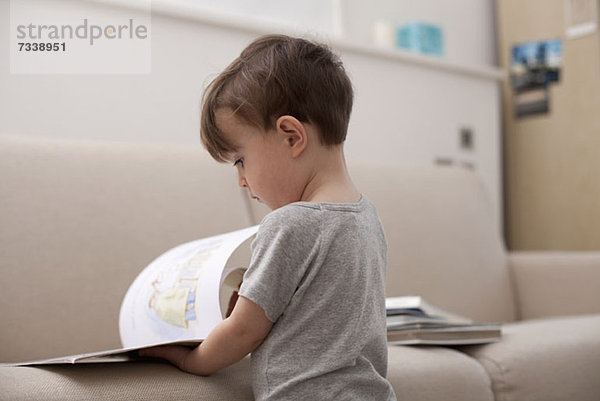 Ein kleiner Junge  der sich ein Bilderbuch ansieht.