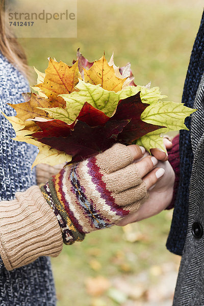 Nahaufnahme eines Paares mit Herbstblättern