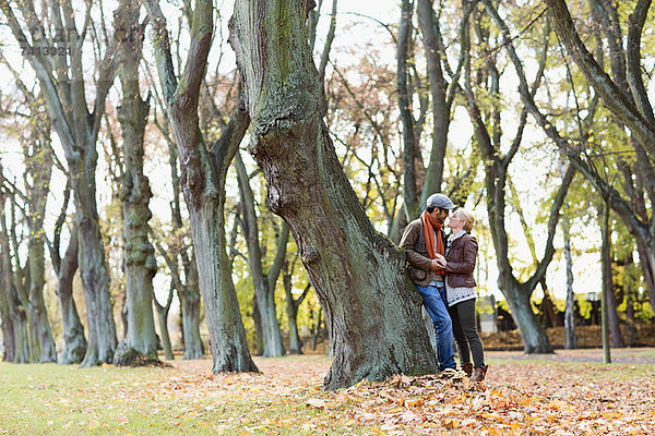 Paar  das sich im Wald an einen Baum lehnt