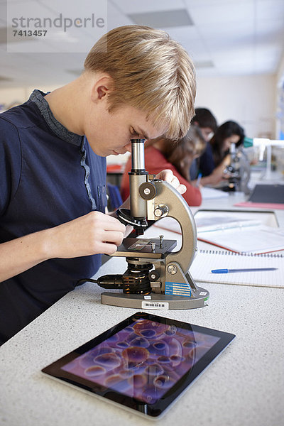 Schüler mit Mikroskop im Unterricht