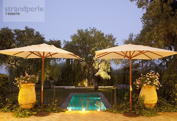 Garten um den Pool in der Abenddämmerung