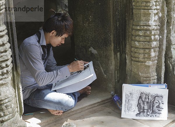 lächeln  Junge - Person  Zeichnung  Südostasien  Vietnam  Angkor  Asien  Kambodscha