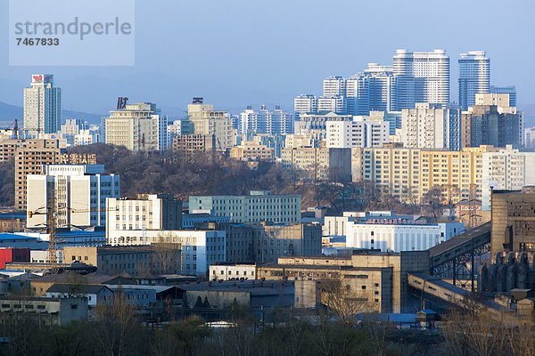 Skyline Skylines über Großstadt Demokratie Ansicht Erhöhte Ansicht Aufsicht heben Korea Asien Nordkorea