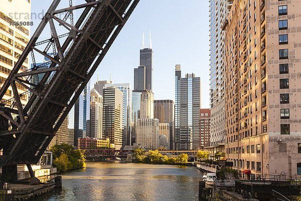 Vereinigte Staaten von Amerika  USA  heben  Brücke  Hintergrund  Fluss  Zug  Nordamerika  Fokus auf den Vordergrund  Fokus auf dem Vordergrund  Zimmer  Ruine  Sears Tower  Chicago  Illinois