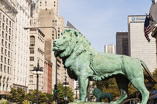 Vereinigte Staaten von Amerika  USA  Außenaufnahme  Löwe  Panthera leo  Kunst  Statue  Nordamerika  2  1  Bronze  Chicago  Illinois  Institut