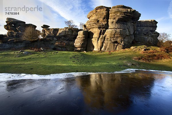 Felsbrocken  Wasser  Europa  Großbritannien  Anordnung  Spiegelung  Flut  Yorkshire and the Humber  England  gefroren  North Yorkshire