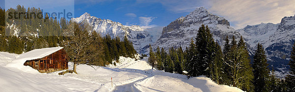 Berghütte im Winter  hinten das Wetterhorn  Grindelwald  Schweizer Alpen  Schweiz  Europa