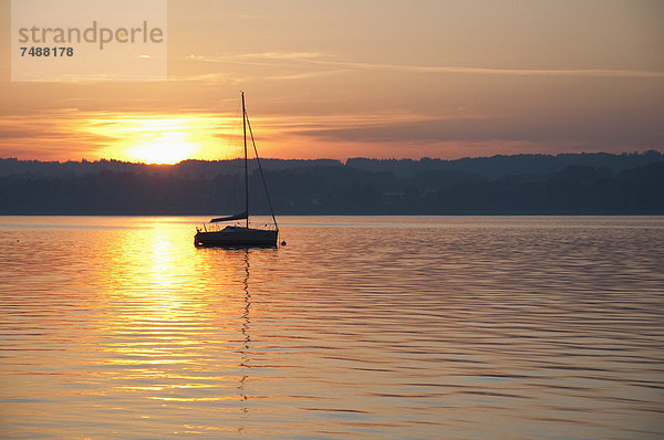 Deutschland  Bayern  Segelboot auf dem Ammersee bei Sonnenuntergang