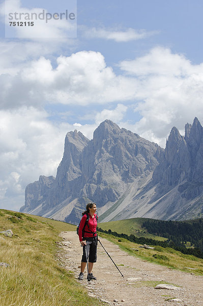 Wanderin auf dem Raschötz vor den Geislerspitzen  Grödnertal  Südtirol  Alto Adige  Italien  Europa