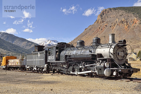 Historischer Eisenbahnzug mit Dampflok  Denver & Rio Grande Western Eisenbahngesellschaft  Silberminenstadt Silverton  Colorado  USA