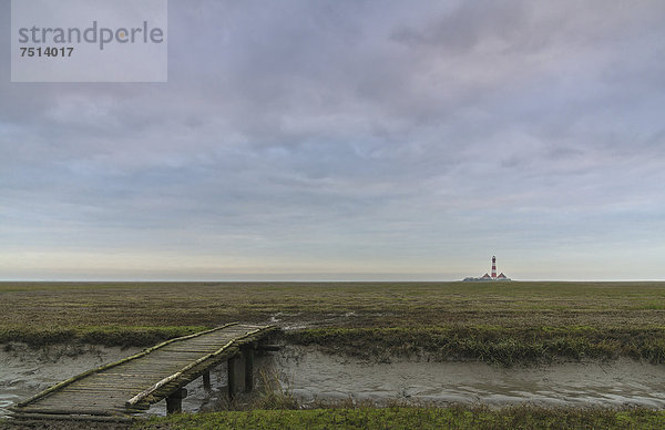 Warft  Holzsteg  Westerheversand  hinten der Leuchtturm  Halbinsel Eiderstedt  Kreis Nordfriesland  Schleswig-Holstein  Deutschland  Europa