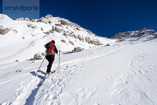 Skitourengeher beim Aufstieg zum Zendleser Kofel im Villnösstal oberhalb der Zanser Alm  hinten die Aferer Geisler  Südtirol  Italien  Europa