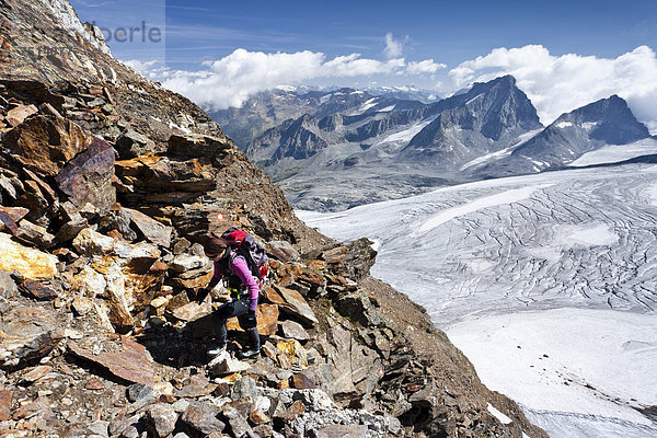 Bergsteiger beim Aufstieg zum Schneebiger Nock  hinten die Hochgall  Südtirol  Italien  Europa